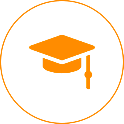Orange graduation cap icon on black background.