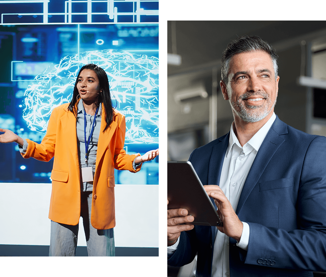 Two professionals speaking and using a tablet.