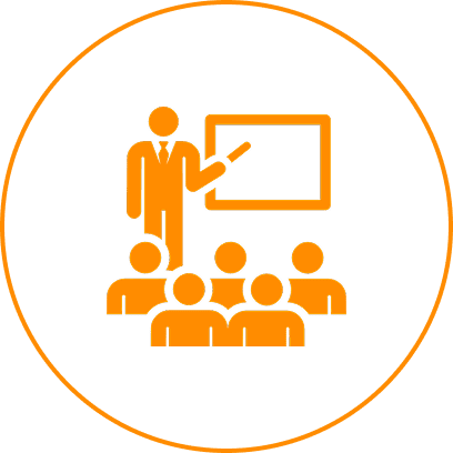 Teacher presenting to students in classroom icon.